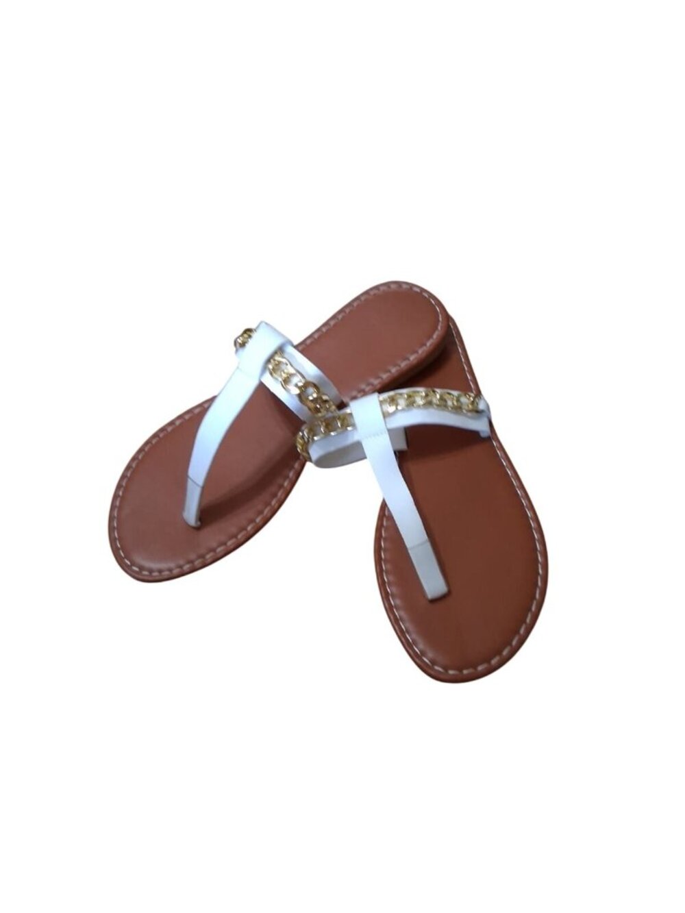 Womens White Gold Chain Flat Slide Sandals Open Toe Slip On Summer Shoes
